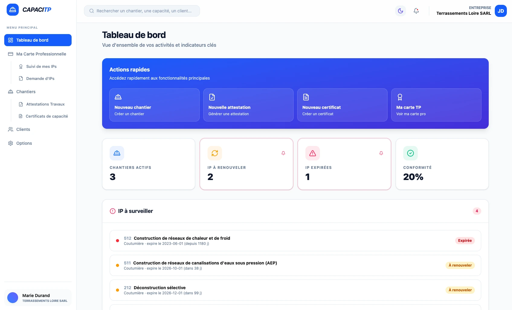 CapaciTP, le suivi des identités professionnelles en travaux publics : chantiers actifs, IP à renouveler et taux de conformité.