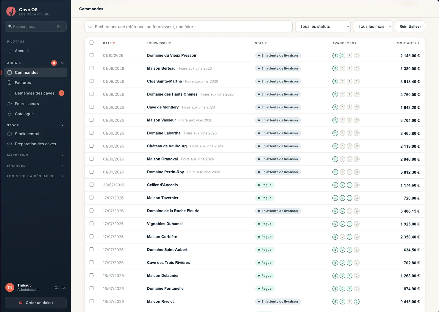 Cave OS, le logiciel métier des Décanteurs : liste des commandes fournisseurs, avec statut de livraison, avancement et montant.