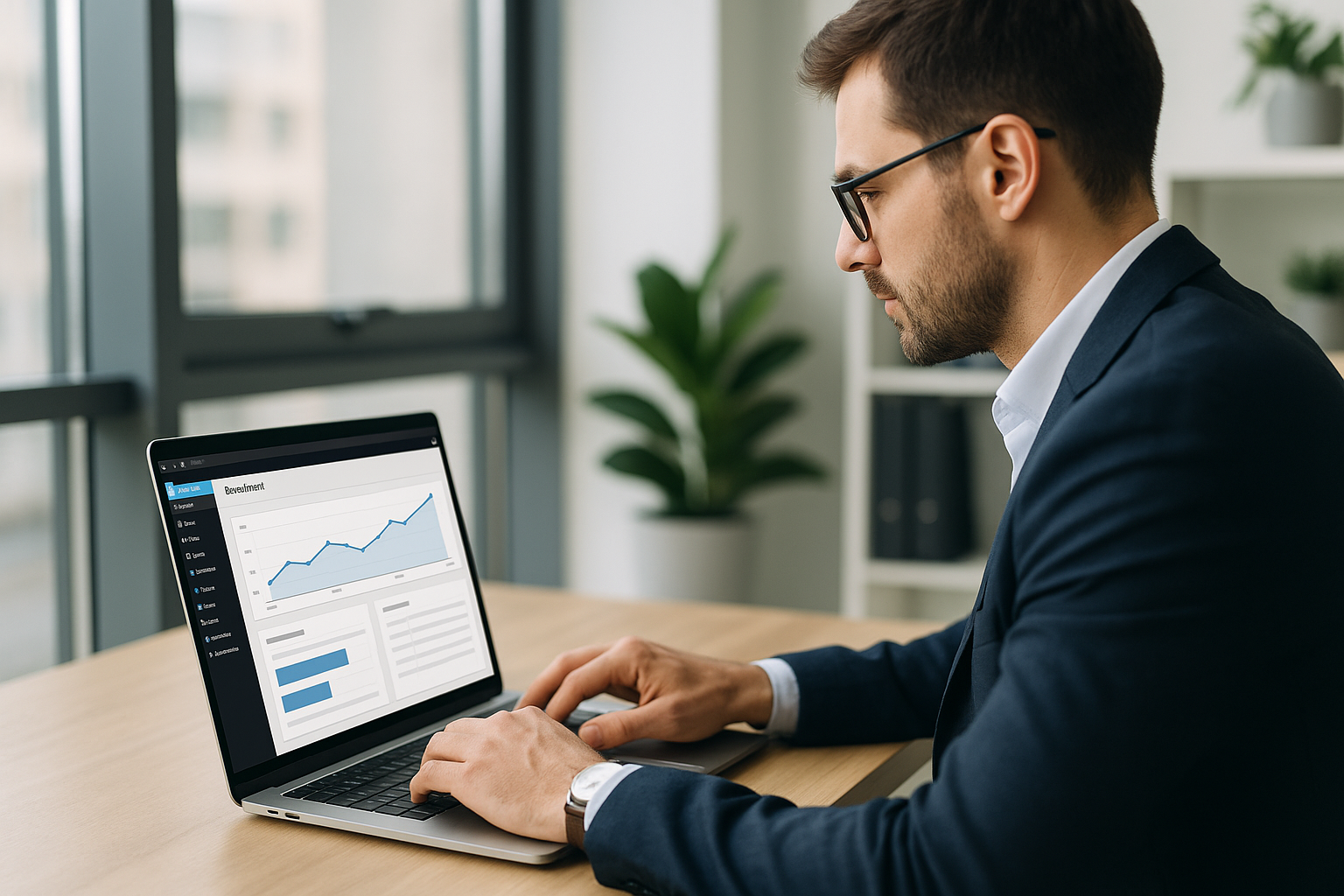Entrepreneur analysant les conversions de formulaires sur un site WordPress depuis un ordinateur portable dans un bureau moderne
