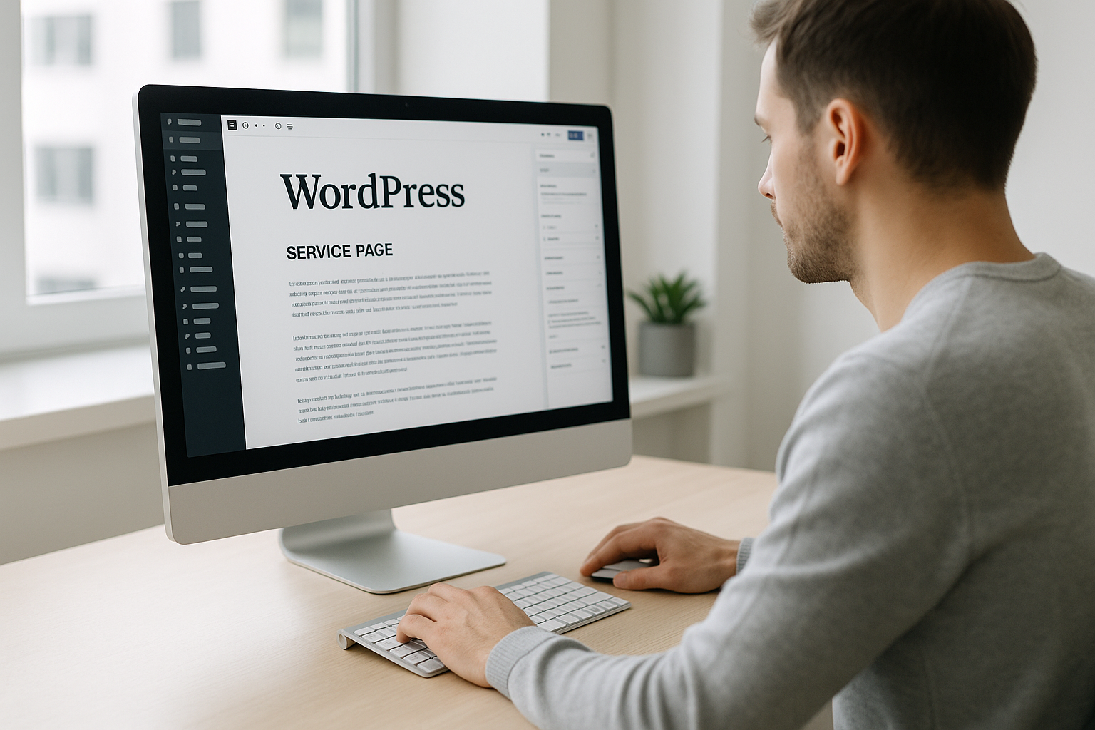 Rédacteur travaillant sur la rédaction d’une fiche service WordPress sur un ordinateur dans un bureau lumineux