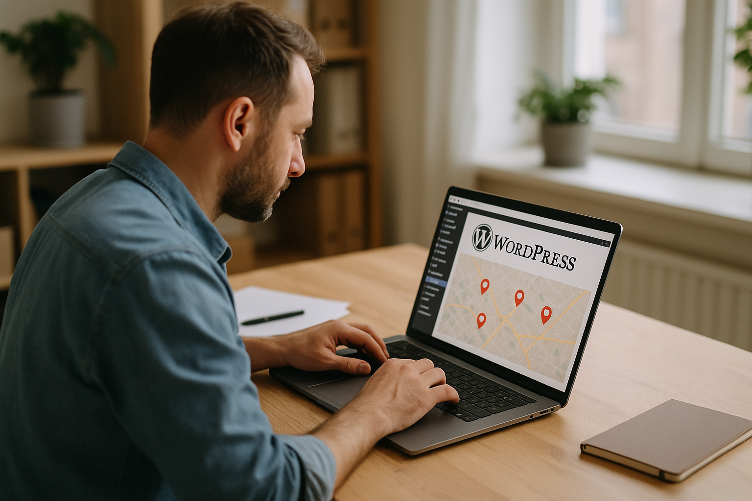 Entrepreneur de TPE travaillant sur des pages locales WordPress avec une carte de ville affichée à l’écran.