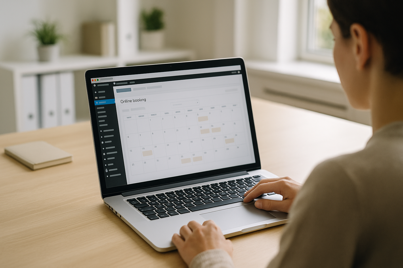 Interface de prise de rendez-vous en ligne affichée sur un site WordPress sur l’écran d’un ordinateur portable dans un bureau lumineux