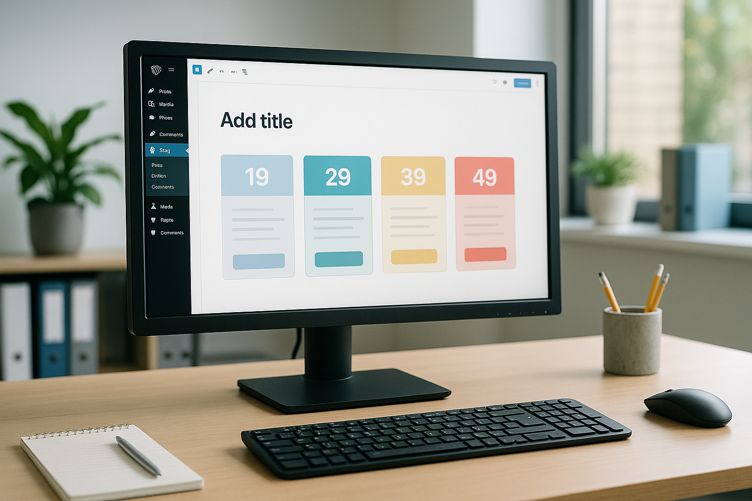 Page de tarifs WordPress affichée sur l’écran d’un ordinateur dans un bureau de petite entreprise.