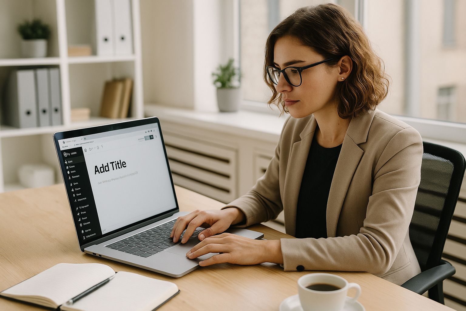 Entrepreneur qui améliore les textes de son site WordPress sur un ordinateur portable dans un bureau lumineux.