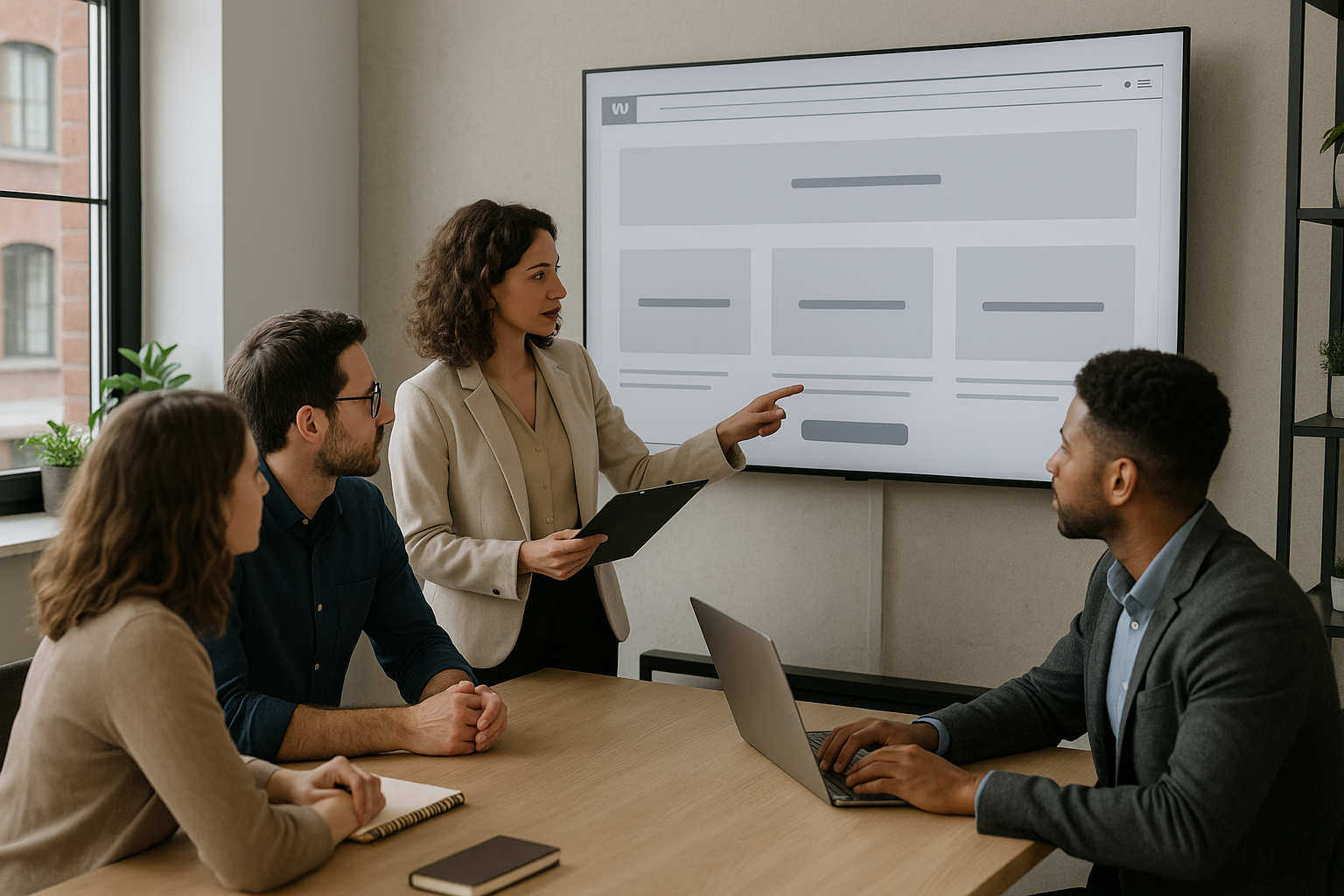 Équipe d’une petite entreprise analysant la maquette d’une page d’accueil WordPress sur un écran