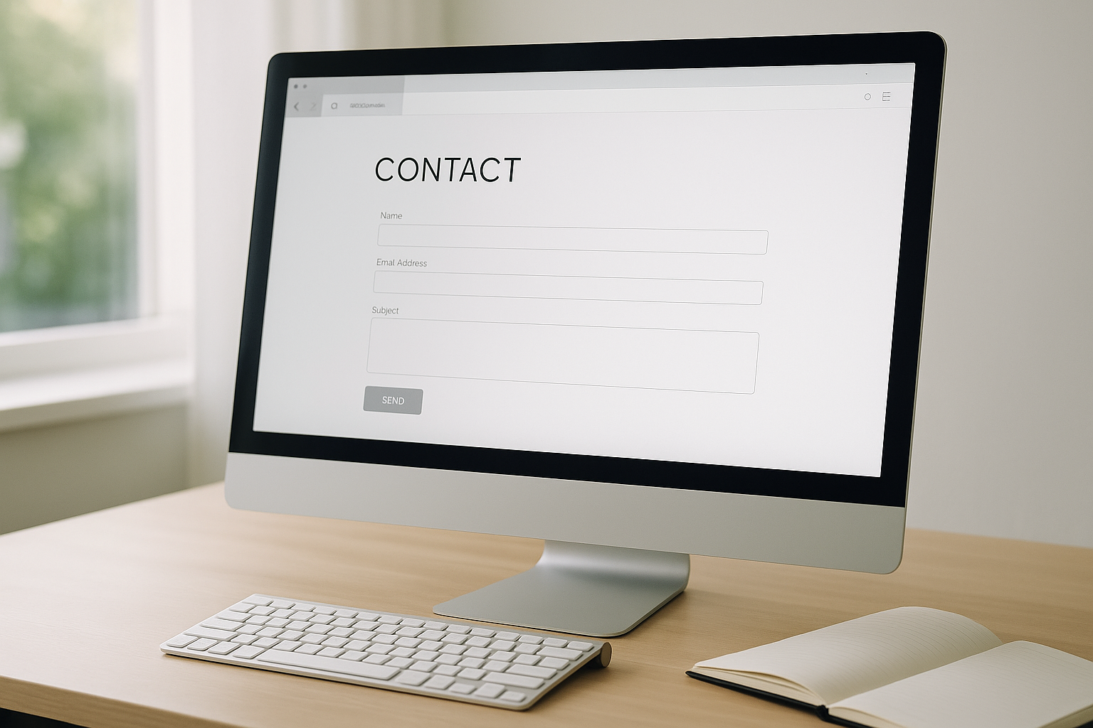 Page de contact WordPress avec formulaire simple et lisible sur un écran d’ordinateur dans un bureau professionnel.